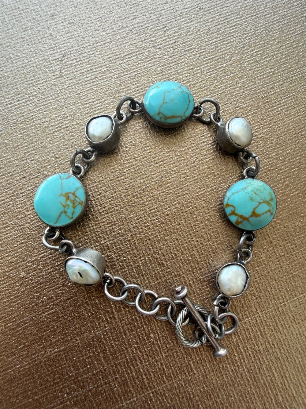 Mexico 925 Sterling Silver Turquoise & Pearl Link Bracelet 6.5”